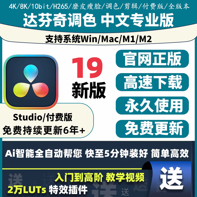 达芬奇DaVinci Resolve软件 安装包 最新版简体中文版 原版软件 永久激活 支持远程 重装可用 现在下单赠送学习教程 自动发货